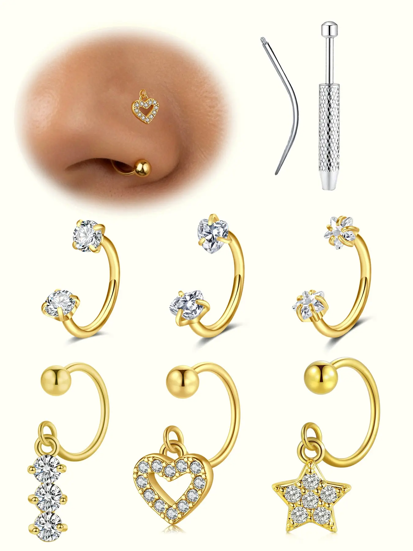 Cz Dangling Horseshoe Nose Ring, 20g Hypoallergenic Stainless Steel, Heart-Shaped and Five-Pointed Star Design, 8mm, Daily Wear Jewelry