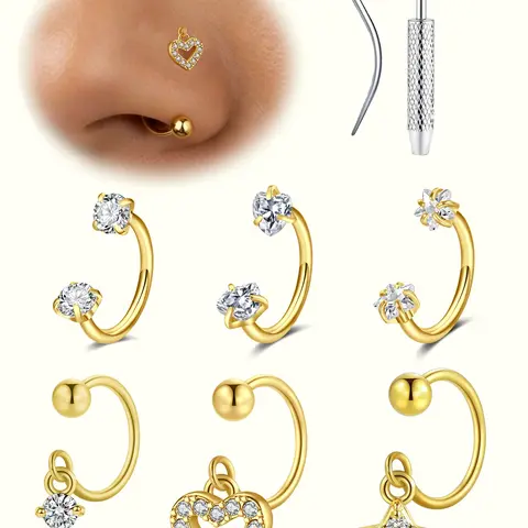 Cz Dangling Horseshoe Nose Ring, 20g Hypoallergenic Stainless Steel, Heart-Shaped and Five-Pointed Star Design, 8mm, Daily Wear Jewelry, Nose Rings Hoops, Body Jewelry