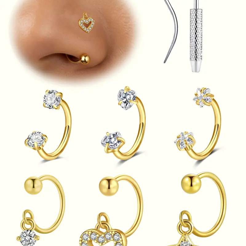 Cz Dangling Horseshoe Nose Ring, 20g Hypoallergenic Stainless Steel, Heart-Shaped and Five-Pointed Star Design, 8mm, Daily Wear Jewelry, Nose Rings Hoops, Body Jewelry