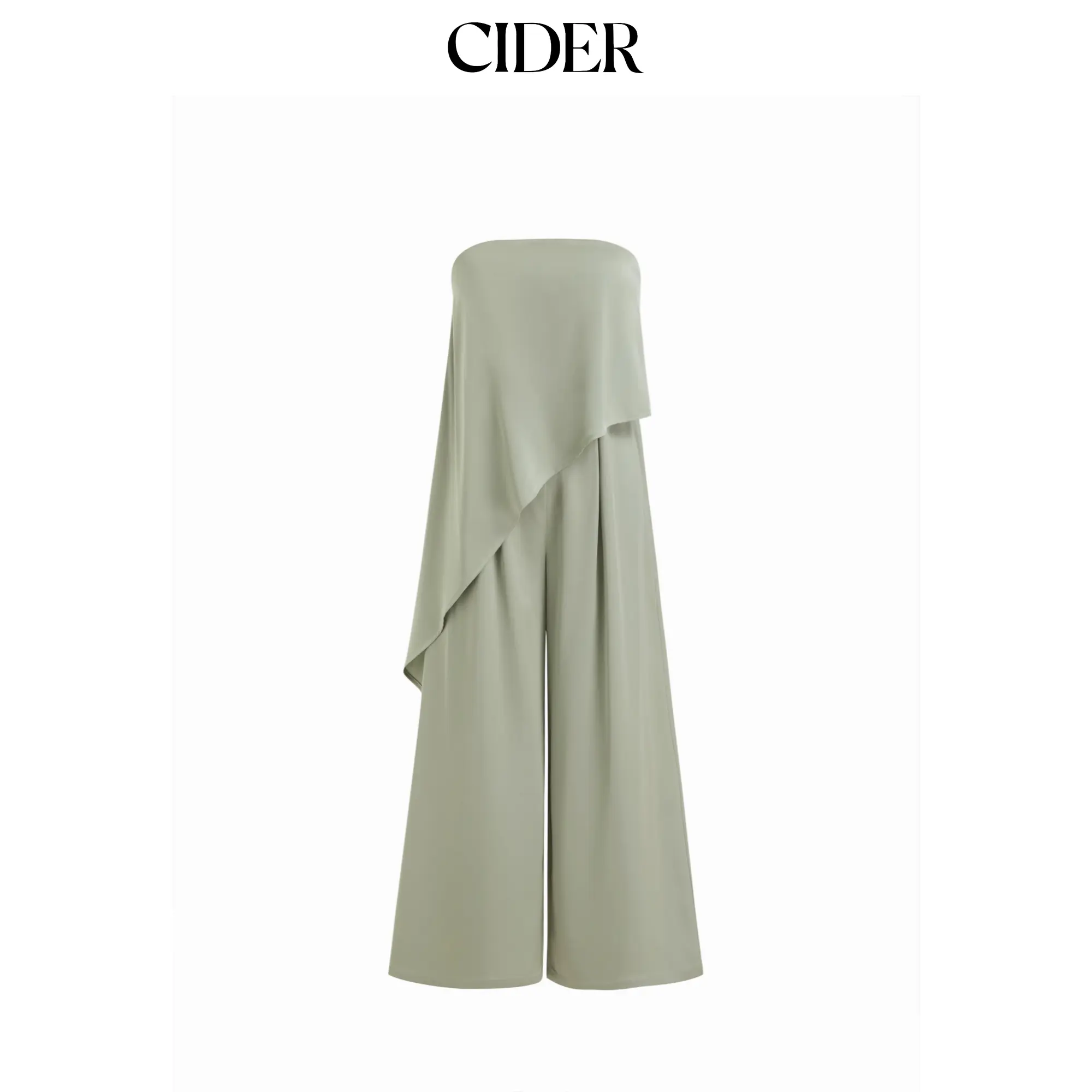 Cider Satin Strapless Asymmetrical Mid Rise Oversized Wide Leg Jumpsuit