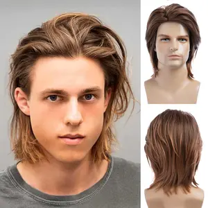 Trendy European Men Brown Layered Medium Wig, Natural Synthetic Hair for Daily Wear