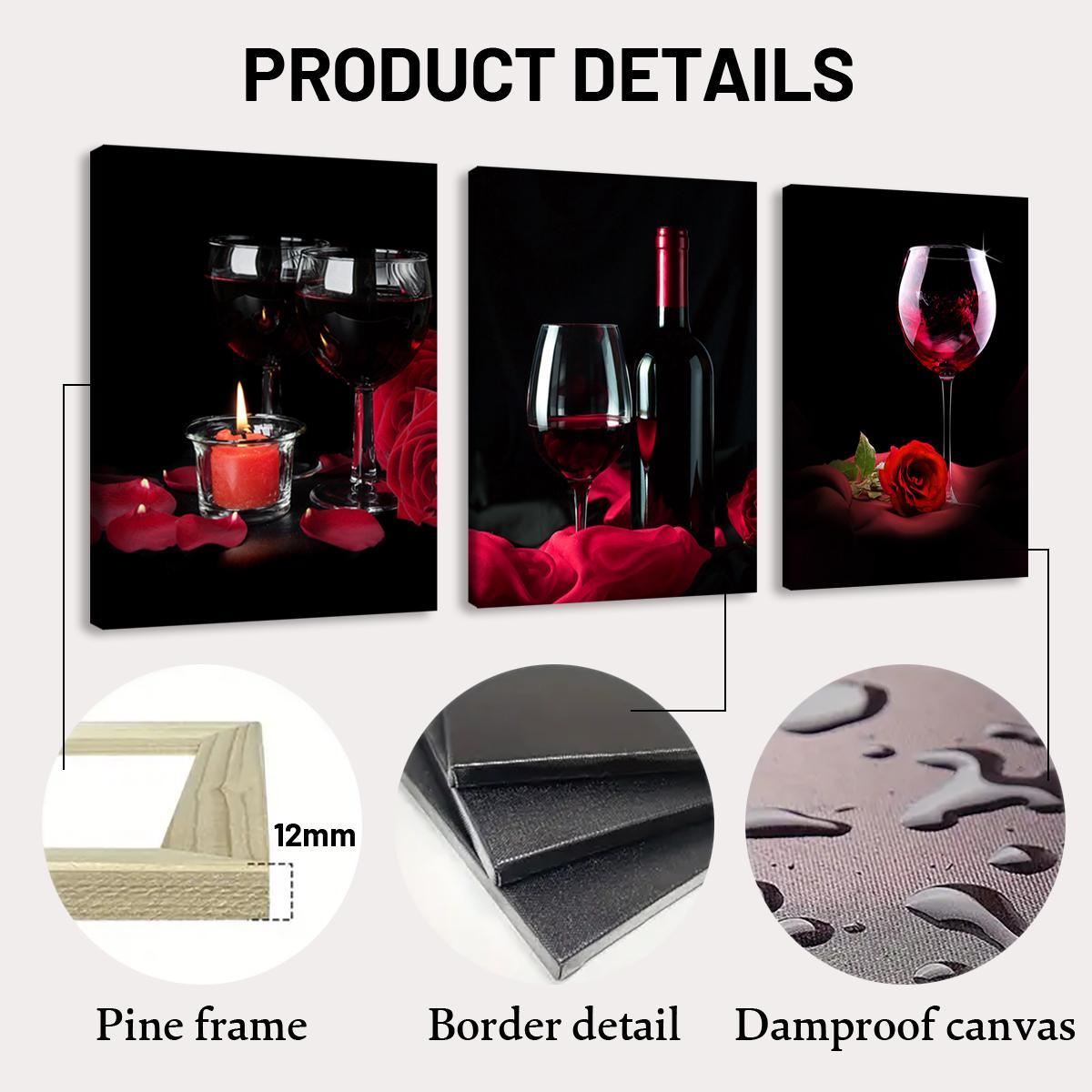 Wine Themed Canvas Painting, 3 Counts/set Romantic Wine Glass Pattern Vintage Wall Art, Wall Decor for Home Living Room Bedroom Office, Ornaments