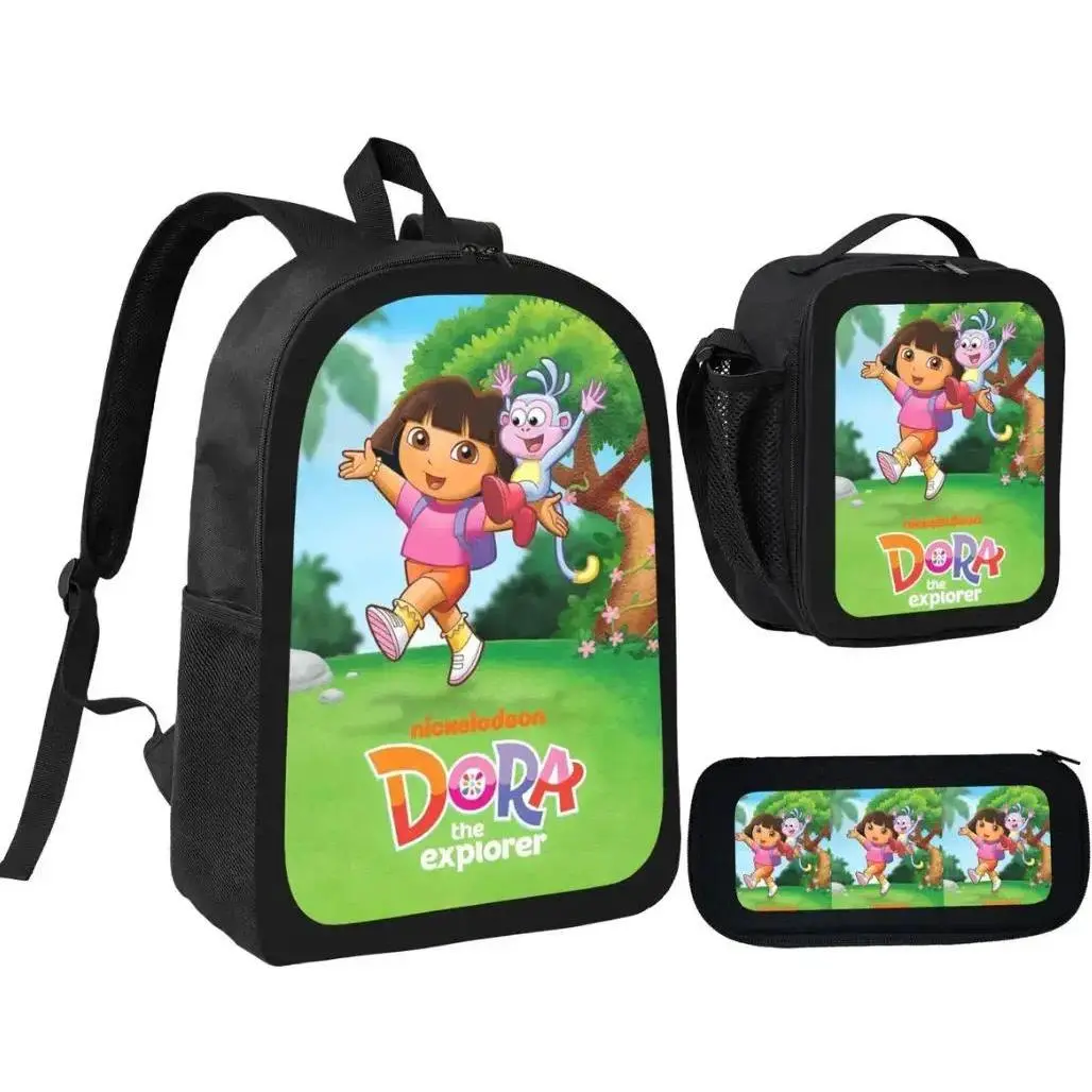 Anime Dora the Explorer 3-Piece School Backpack Set for Teen Girls - Adjustable Multi-Function School Backpack with Lunchbox, Pencil Box, Ideal for Office, Travel, Best Gift, School Backpacks, Adjustable Backpack