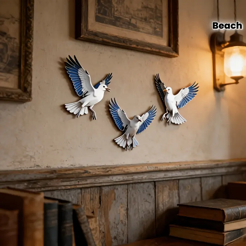 3pcs Wooden Seagull Wall Decorations, Nautical Coastal Flying Bird Wall Sculptures, Beach Theme Wall Art, Ocean Inspired Design, Suitable for Bathroom Living Room, Ocean-Inspired Home Decor, Indoor Outdoor Weatherproof Wall Hanging, Ideal for Beach House