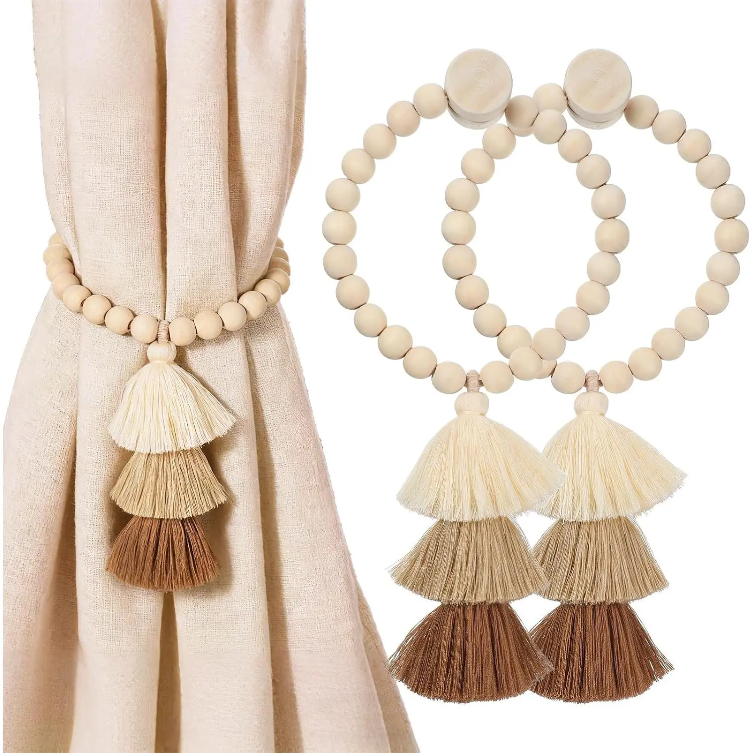 2 Pack Wooden Bead Curtain Tiebacks,  Boho Tassel Curtain Tie Backs | Elegant  Curtain Holders,  Drapes Tiebacks, Drapery Curtain Ties,  Decor, for Window Bedroom Office