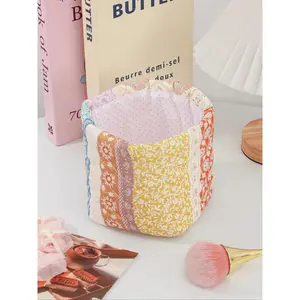 Round Quilted Cherry Print Cosmetic Organizer Basket, Aesthetic Makeup Brush Holder & Vanity Desk Caddy, Cute Kawaii Floral Grid Makeup Storage Pouch, Soft Quilted Vanity Makeup Bag & Home Decor Accent, Ideal for Bathroom Counter, Bedroom Vanity, Dorm Roo