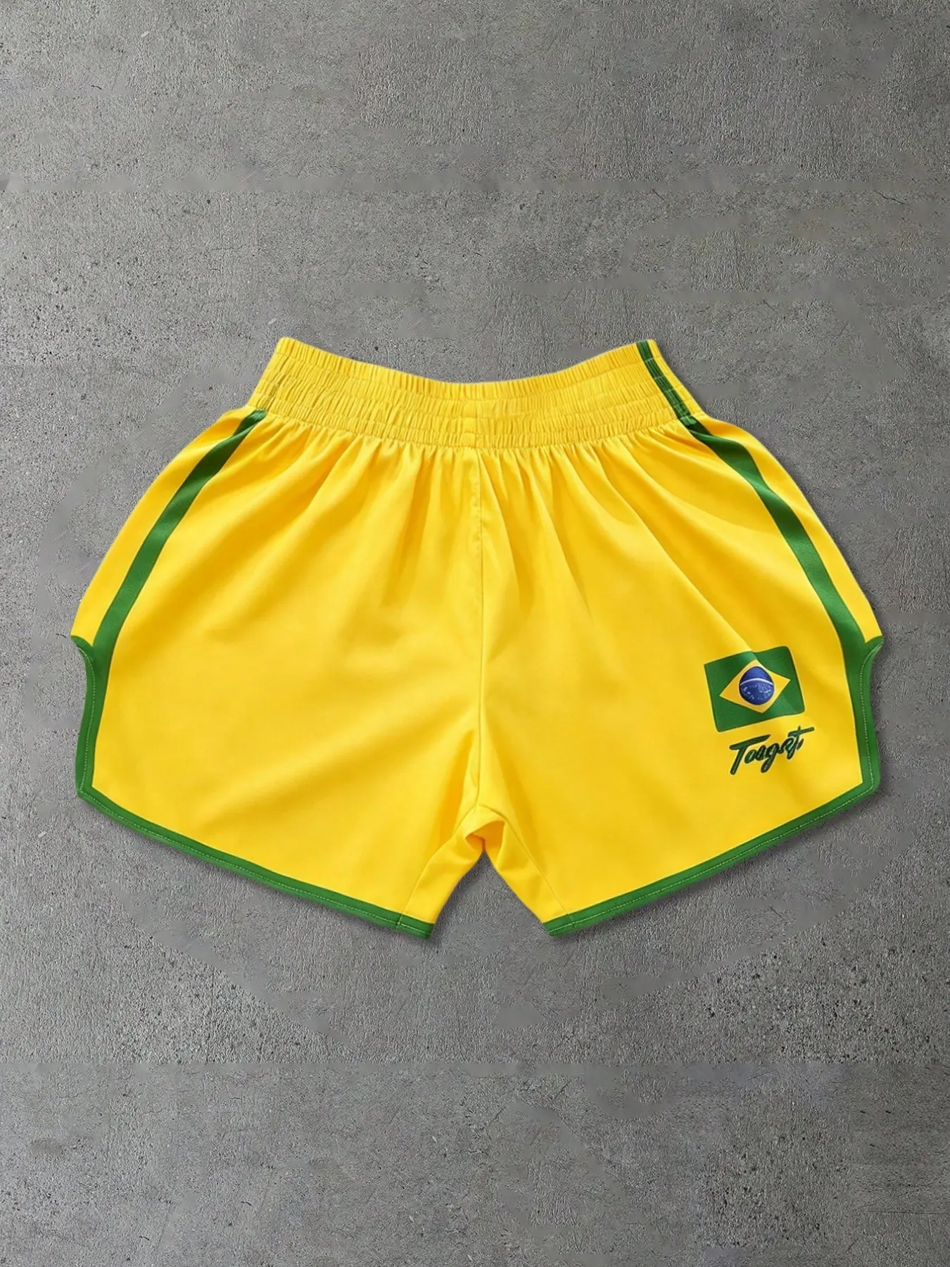 Retro Brazilian Flag Pattern Sports Shorts, Elastic Waist Sports Shorts, Quick drying Breathable Running Shorts, Loose Green Bordered Football Sports Shorts, Men's Casual Summer Exercise Shorts, Athleisure Shorts # Sports Shorts