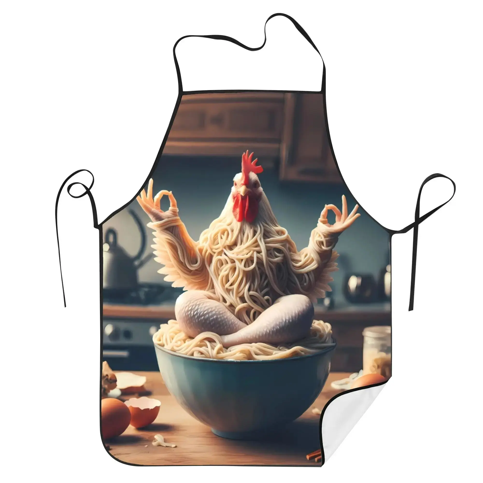 Funny Meditation Noodle Chicken Kitchen Apron, Surreal Rooster Pattern Cooking Apron, Unique Comedy Gift for Pasta Lovers, Chefs, Restaurant Owners