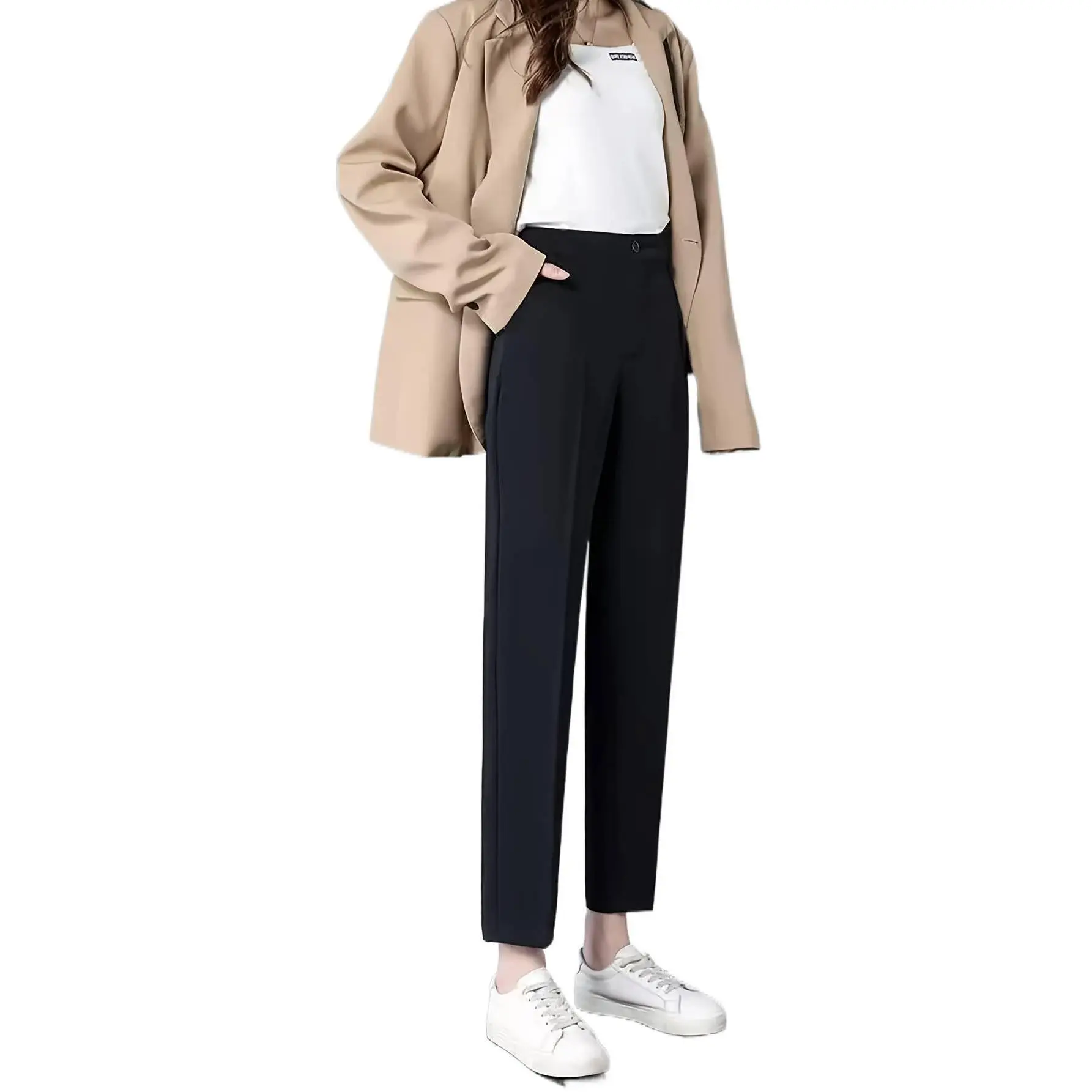 Elegant High Waist Wide Leg Pants For Women Slim Fit Petite Suit Pants Straight Pipe Tapered Harem Pants Spring Summer New Casual Trousers With Pockets
