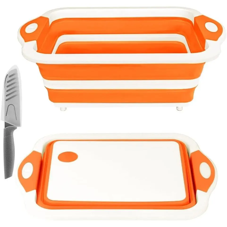 Collapsible Cutting Board with Colander, Multifunctional Silicone Kitchen Chopping Board, Vegetable Washing Basket & Dish Tub for BBQ Prep, Picnic, Camping (Orange)Gift