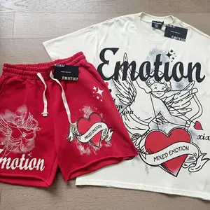 MIXED EMOTION Retro Streetwear 2 Piece Set Oversized Graphic Tees & Shorts Summer Mens Clothing Casual Outfit Fathers Day Gifts 4th Of July Streetwear Set