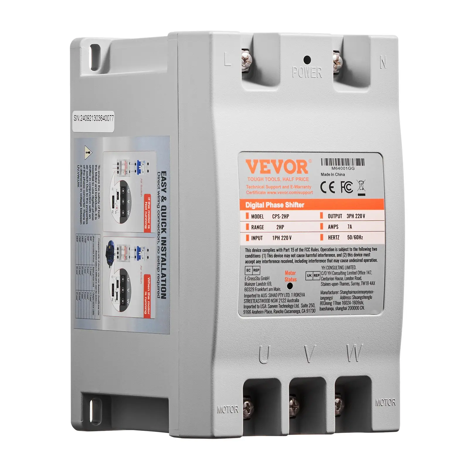 3 Phase Converter - 2HP 7A 220V Single Phase to 3 Phase Converter, 220V Input/Output, Digital Phase Shifter for Residential Light Commercial Use (One Converter for One Motor Only)
