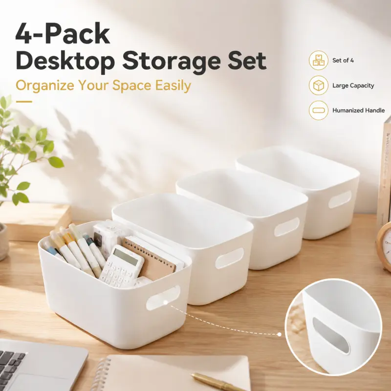 4 Pcs Simple White Storage Baskets, tidy up your desktop easily. Suitable for desk and bathroom, perfect for storing cosmetics, snacks and sundries.