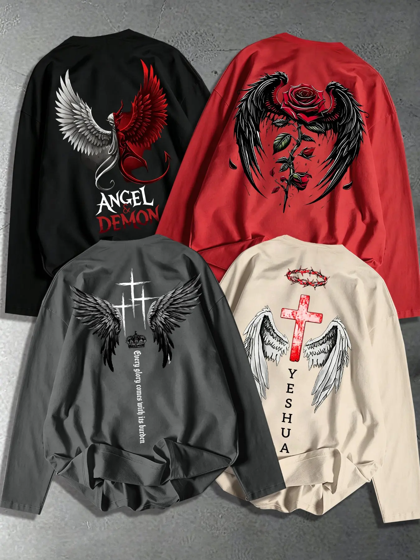 Men Crew Neck Long Sleeve Shirts Angel Demon Wing Rose Cross Thorn Crown Vertical Scripture Text Back Graphic Print Loose Fit Gothic Faith Casual Streetwear Tees For Summer Daily Leisure Outfit#RoseCrossFaithBackPrint#GothicBackGraphicLongShirts