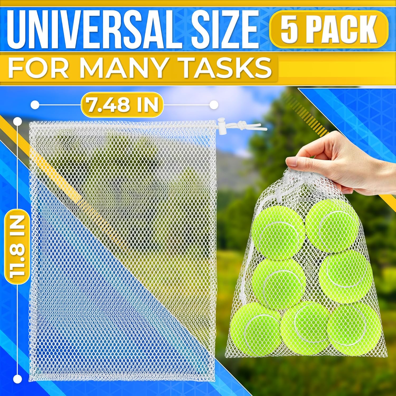 5 count Small Mesh Bags Drawstring  Small Mesh Pool Backpack 11.8 x 7.48"  Multipurpose Nylon Net Bags with Tight Closure for Storing Balls, Clos,  Gear at Gym, Beach, Laundry, & Travel