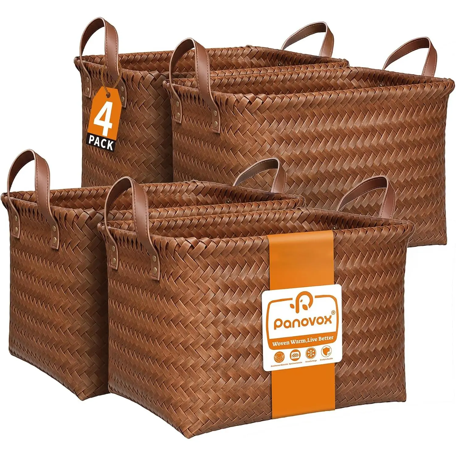Wicker Storage Baskets, 4 Pack Woven Baskets for Shelves, Brown |   PP Rattan, Water-resistant Wicker Basket, Large Baskets with Faux Leather Handles for Blanket, Laundry Organizer, Room Decor