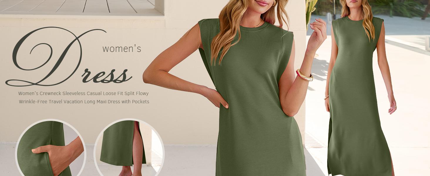 Women Summer Casual Sleeveless Maxi Dress 2026 Crewneck Loose Split Wrinkle-Free Beach Travel Vacation Long Sundress Women Summer Casual Sleeveless Maxi Dress 2026 Crewneck Loose Split Wrinkle-Free Beach Travel Vacation Long Sundress