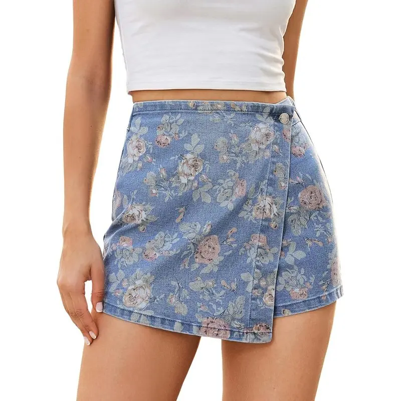 Women's Wardrobe luvamia Denim Skorts for Woman Trendy Floral Print Faux Wrap Stretchy High Waisted Elasitc Waist Jean Shorts Skirt Skort
