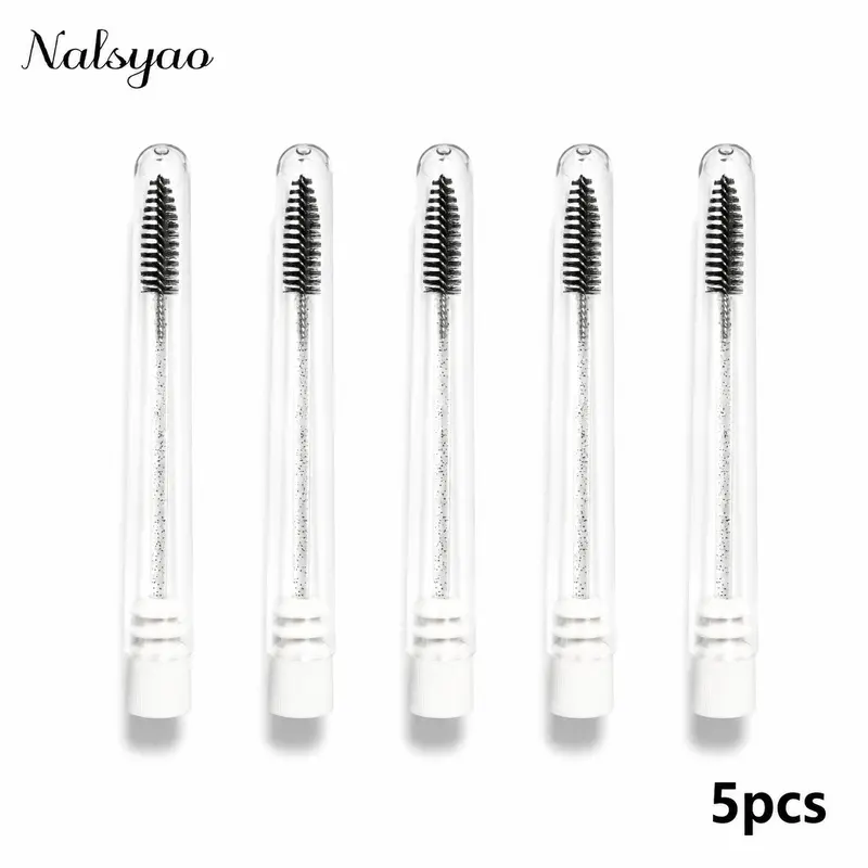 5Pcs disposable mascara wands with fine bristles, suitable for mascara application, lash extension grooming, and eyebrow trimming. Each comes with a clear protective tube for easy storage. Disposable or reusable, hygienic for home and pro use.