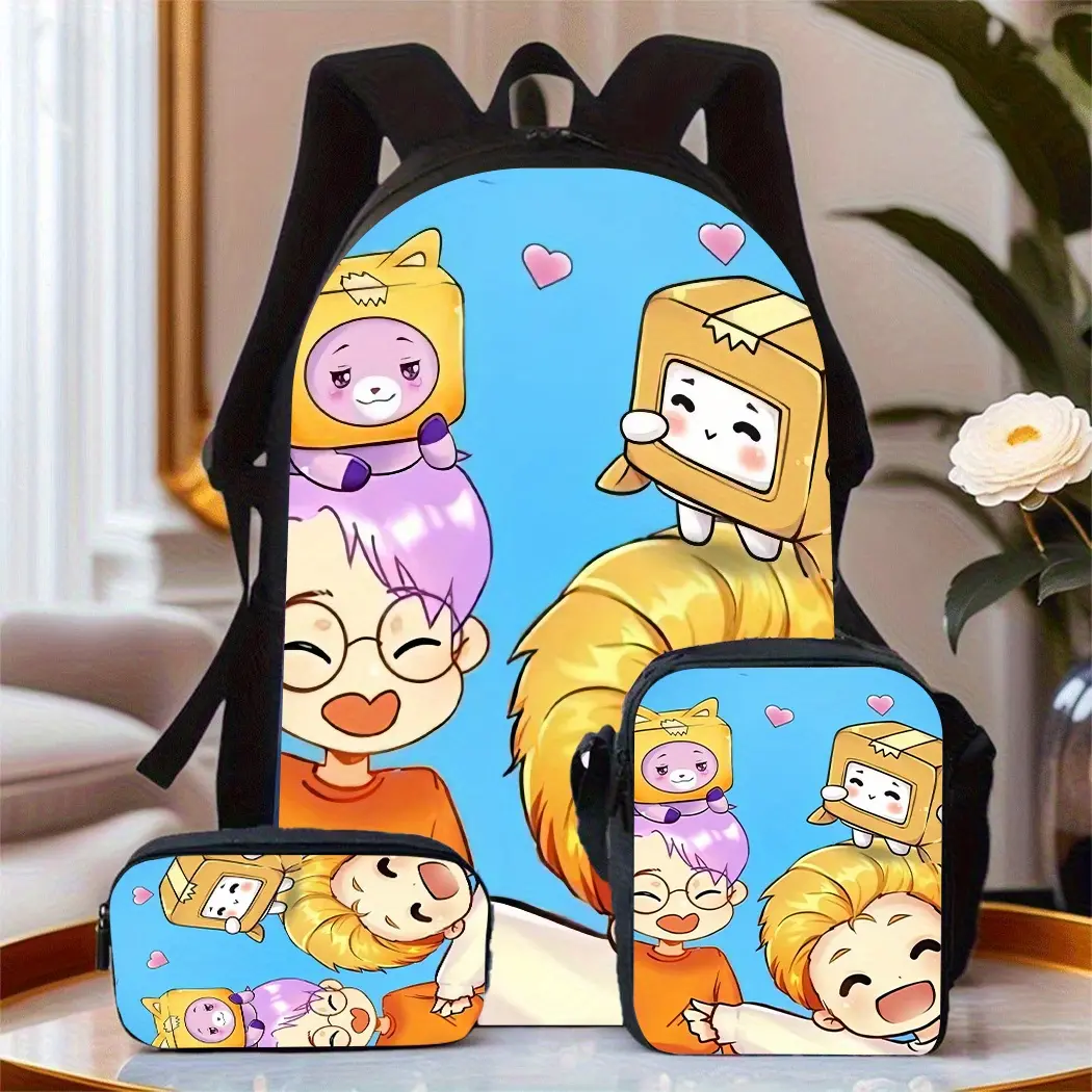 LankyBox two-character light blue heart-patterned three-piece school bag set includes a backpack, insulated lunch bag, and stationery storage bag for daily use by teenagers