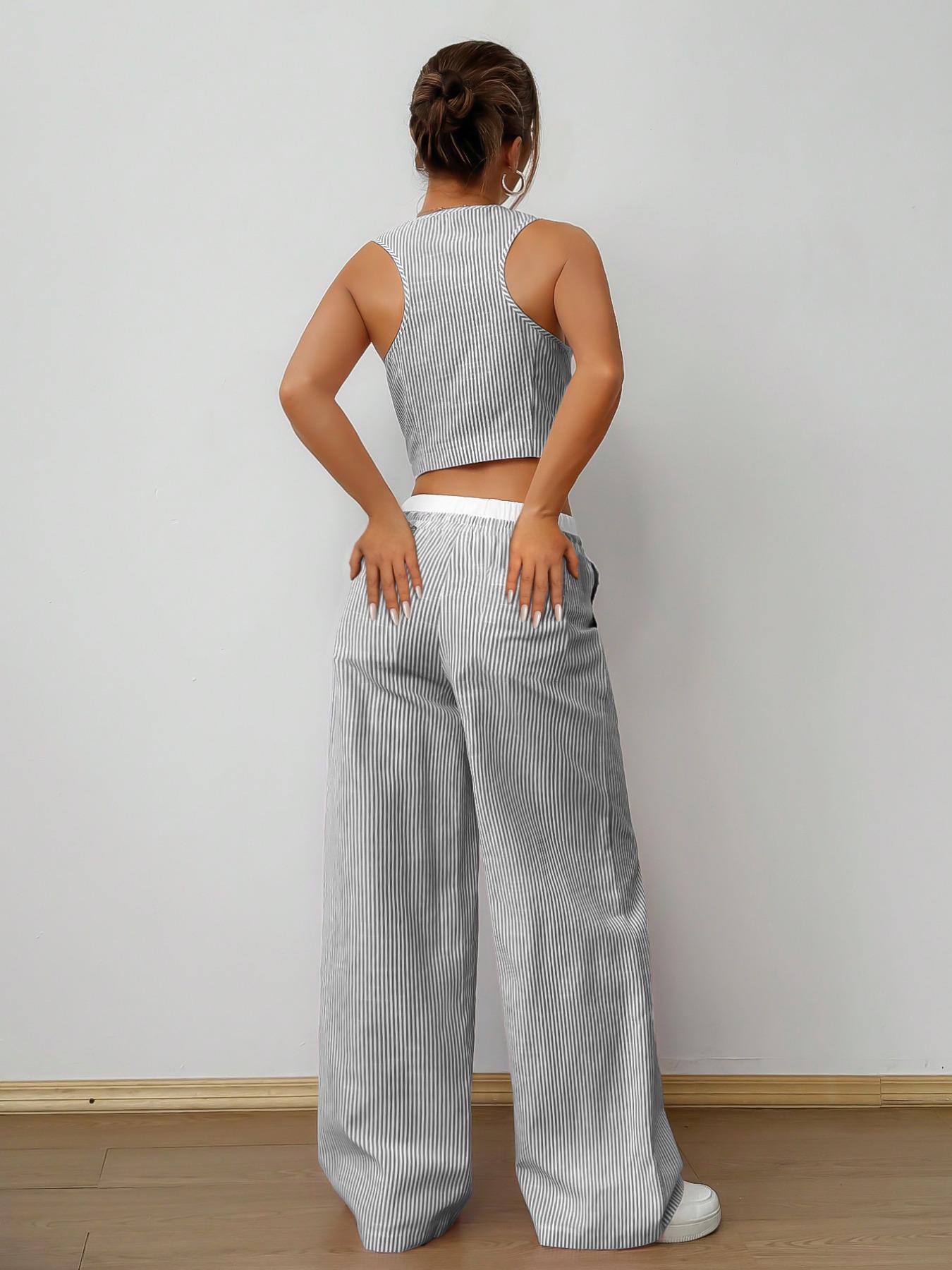 Women's Striped Print Vest Top & Wide Leg Pants Two-Piece Set, Casual Sleeveless Top & Pants for Summer, Ladies Clothes for Daily Wear