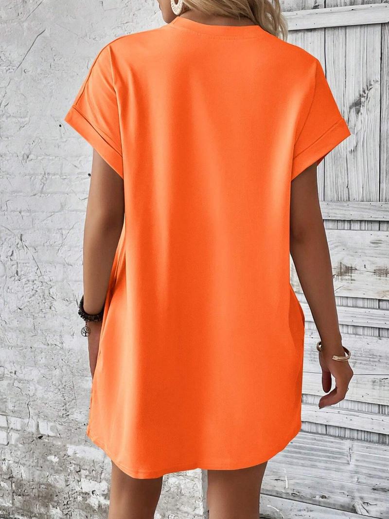 Women's Plain Pocket Batwing Sleeve Dress, Casual Minimalist Round Neck Roll Up Sleeve Dress for Summer, Casual Elegance Chic Fashion Women's Dress