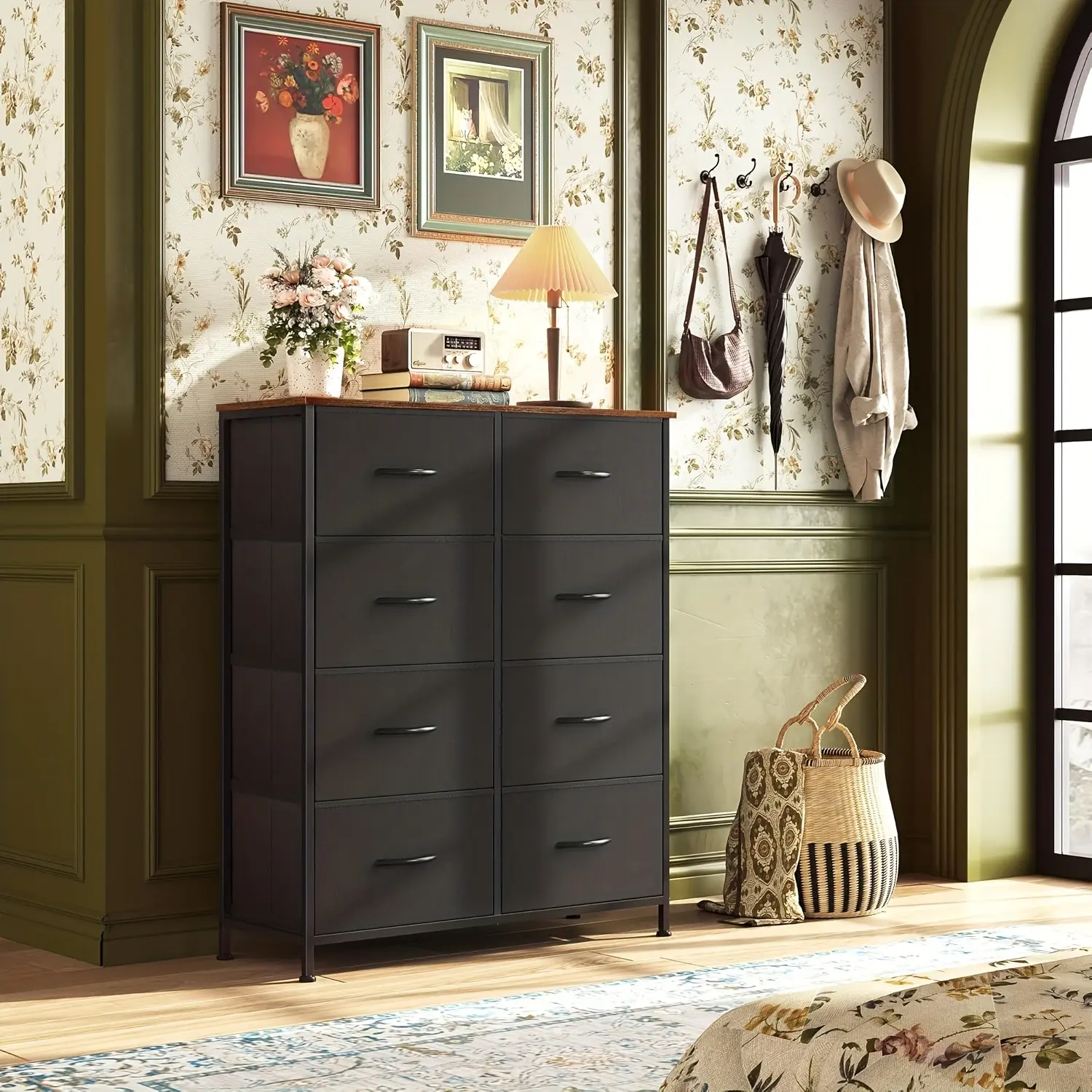Dark Gray Tall Dresser with 8 Drawers, Storage Tower with Fabric Bins, Double Dresser for Living Room, Hallway