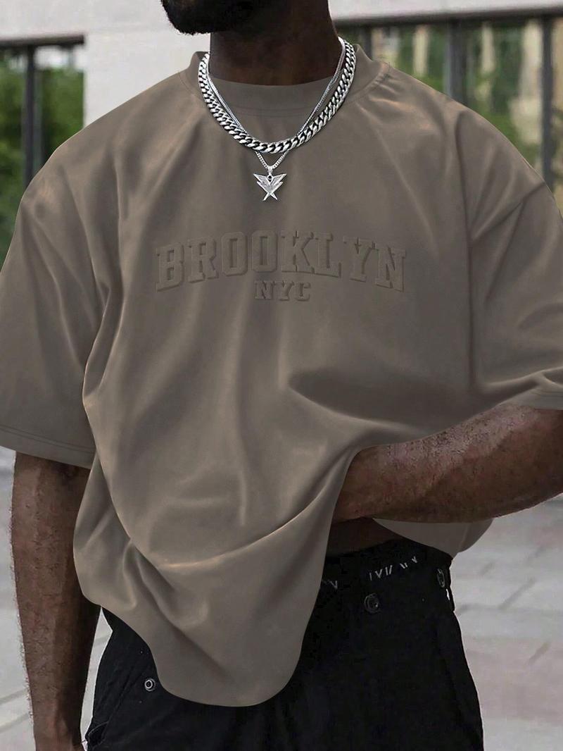 Men's Plain Letter Embossed  Drop Shoulder Tee, Regular Fit Casual Short Sleeve Round Neck T-shirt for Summer, Fashion Men's Top for Daily Wear