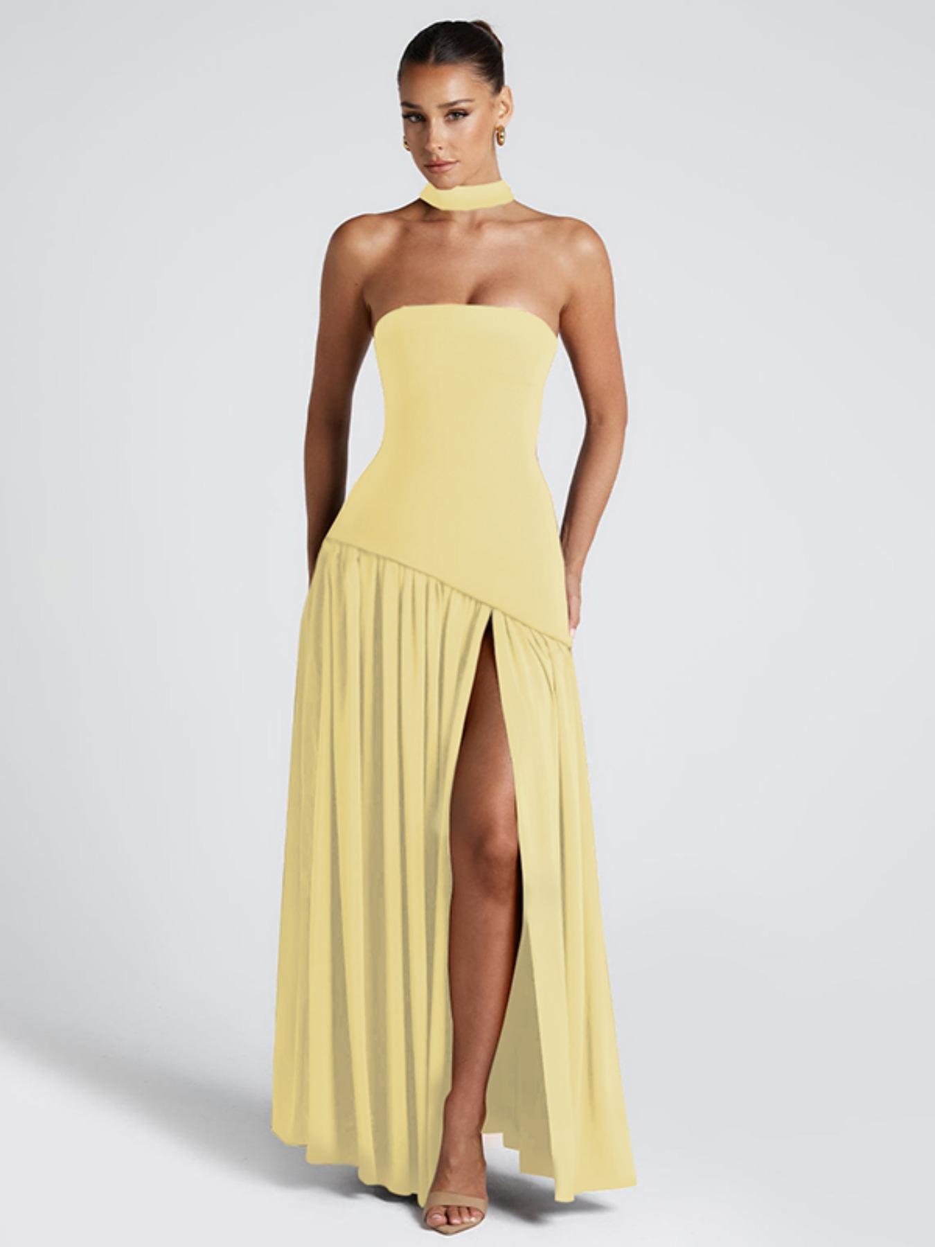 Women's Plain Split Thigh Body Con Tube Dress with Scarf, Elegant Strapless Dress for Party Club Beach Vacation, Ladies Clothes for All Seasons, Bodycon Party Dress Women's Plain Split Thigh Body Con Tube Dress with Scarf, Elegant Strapless Dress for Party Club Beach Vacation, Ladies Clothes for All Seasons, Bodycon Party Dress