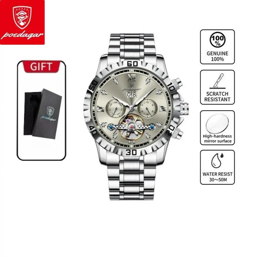 POEDAGAR Luxury Round Automatic Mechanical Men's Watch - Hollow Tourbillon, Waterproof, Night Light, Date Function, High-Quality Stainless Steel Design + Gift Box