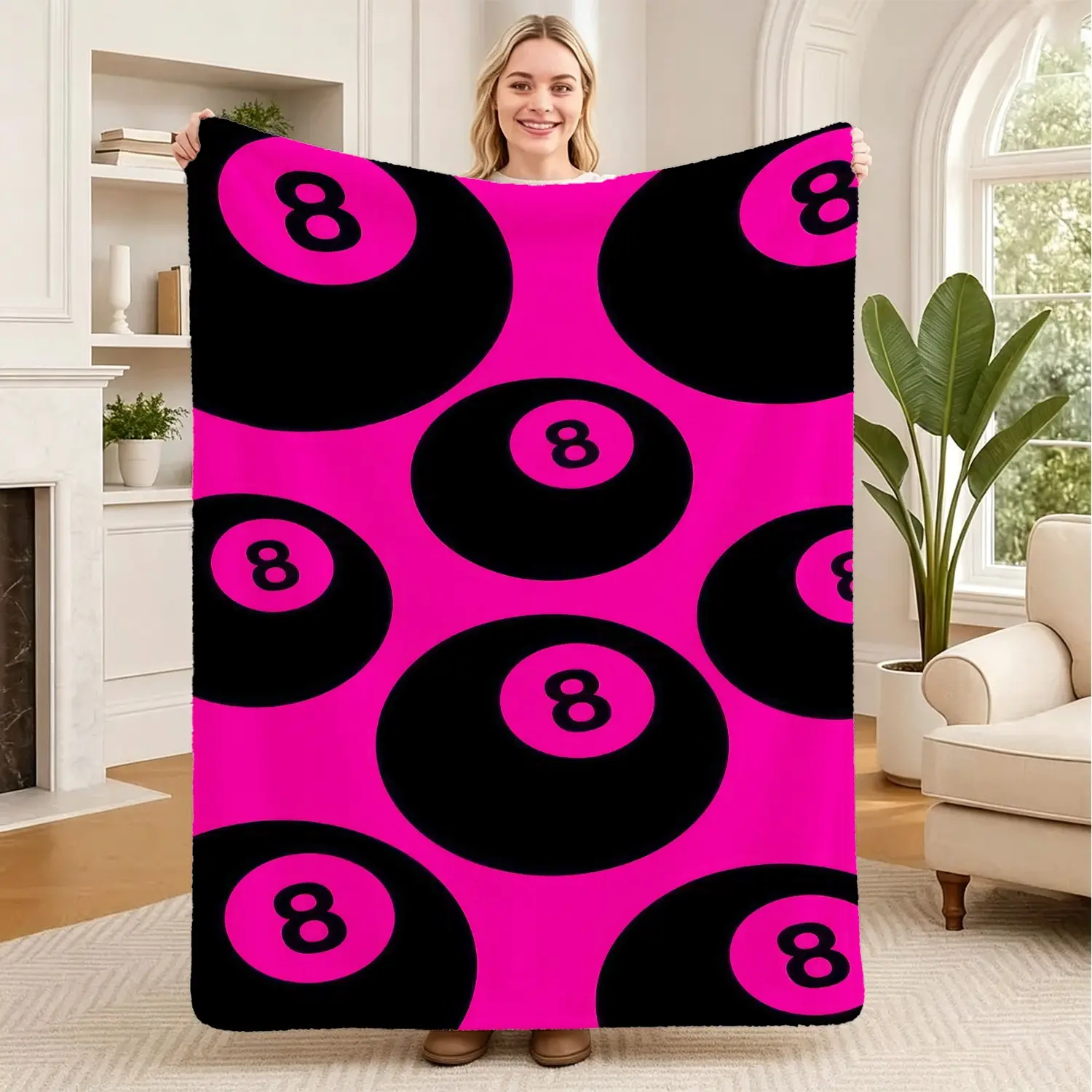 Bright Hot Pink Background Black 8 Ball Billiard Pattern Print Throw Blanket, Y2K Retro Sofa Throw & Soft Bed Blanket, Trendy Sport Decor for Bedroom Dorm RV Guest Room Studio, Stylish Gift for Billiard Pool Pattern Lovers