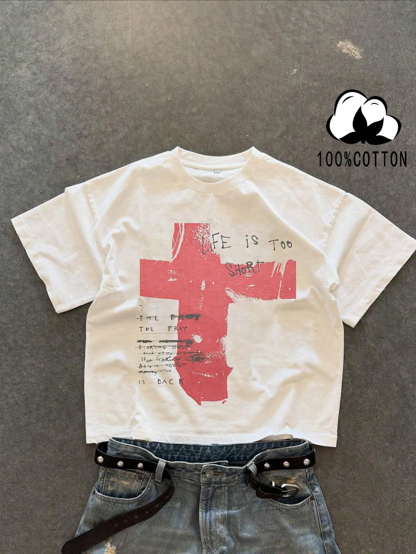 Unisex 100% Cotton Short Sleeve T-Shirt, Cross Graffiti Print, Y2K Dark Gothic Street Style, Casual Daily Wear, Loose-Fitting, Long Length