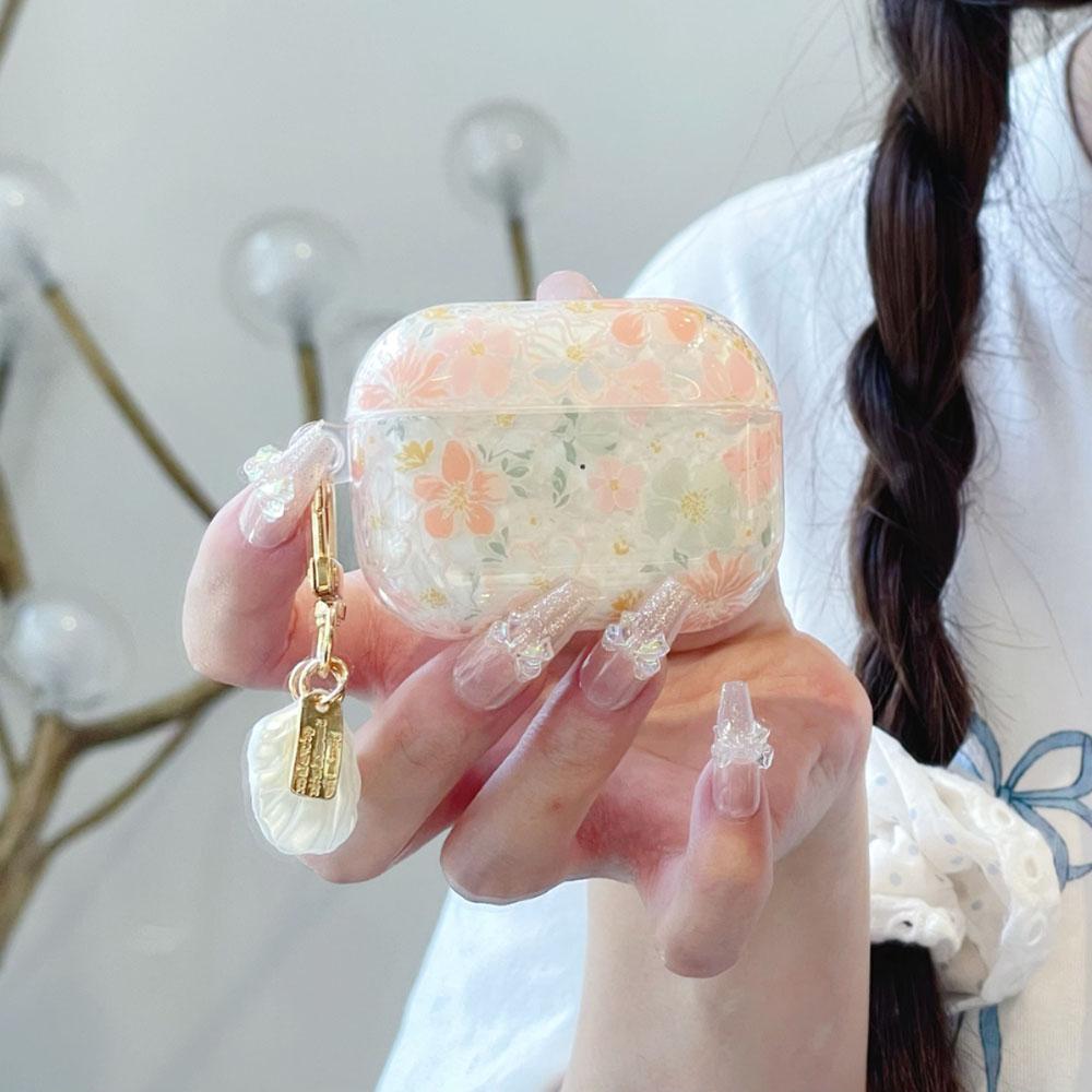 Soft Silicone Earphone Case With Cute Clear Pink Flower Pendant, Protective Cover Compatible With AirPods Series Models, Flexible Anti-Drop Shell For Wireless Charging And Daily Carrying