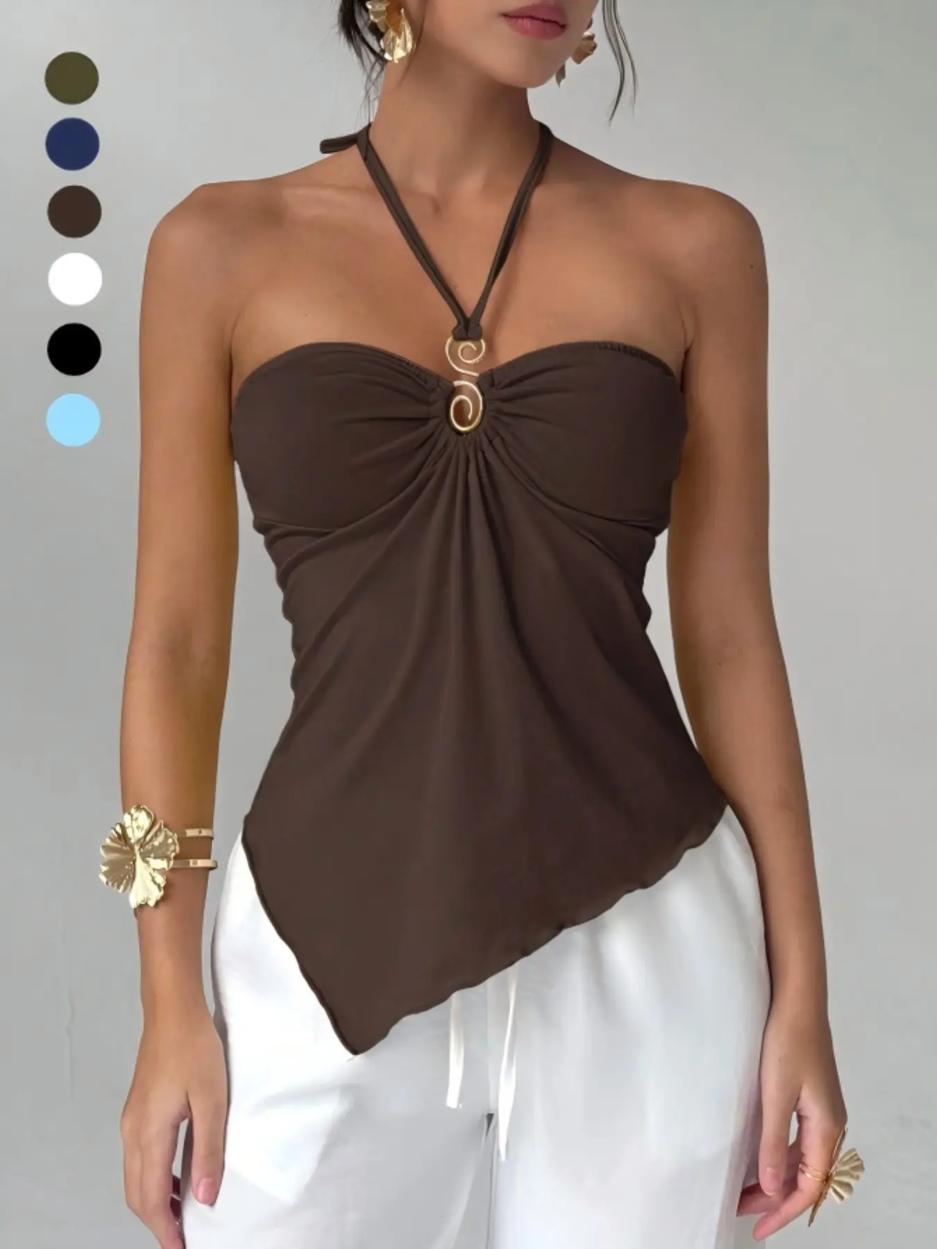 Design Sensational Asymmetrical Wave Edge Halter Top with Metal Buckle, Casual Slim-Fitting Solid Plain Surface Unlined Upper Garment, Summer Fashion