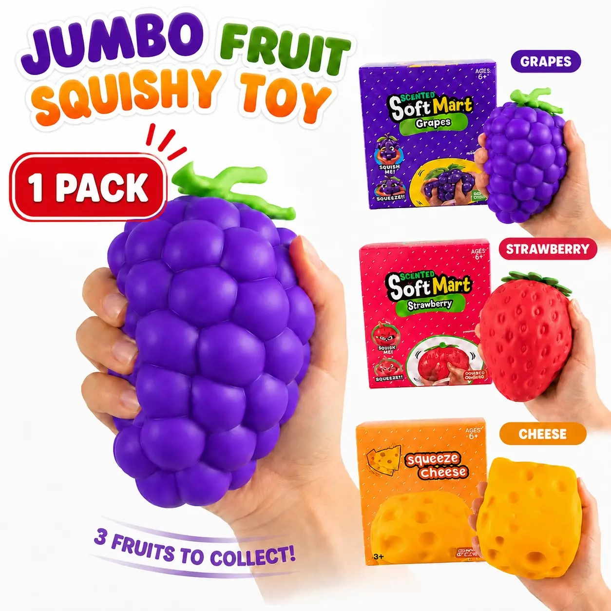 Jumbo Fruit Squishy Toy Pack, Grape Strawberry Cheese Options, Slow Rebound Stress Relief Soft Gel, Kids Adult Anxiety Relief Gift, Squishies Slow Rising