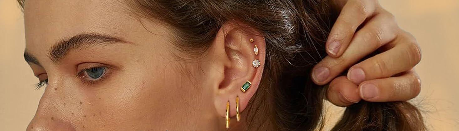 Trendy 14K Gold Plated Flat Back Stud Earrings for Women | Hypoallergenic Surgical Stainless Steel Earrings | Screw Back Earrings Sets for Multiple Piercing | Small Cartilage Earring Studs