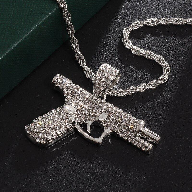 Bling Iced-Out Pistol Pendant Necklace for Men, Hip Hop Street Style Jewelry, Rhinestone Inlay Statement Accessory Bling Iced-Out Pistol Pendant Necklace for Men, Hip Hop Street Style Jewelry, Rhinestone Inlay Statement Accessory
