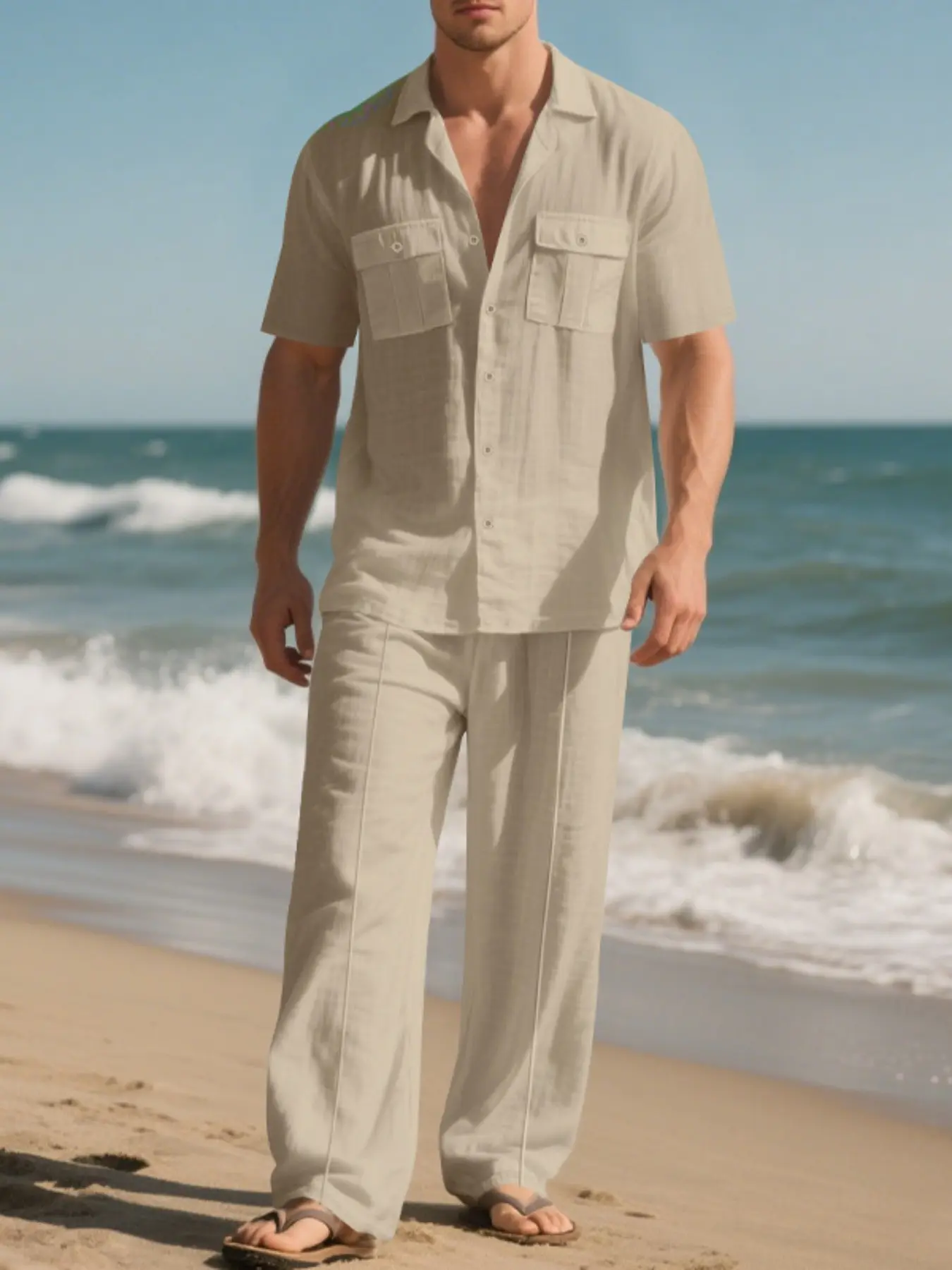 Men's linen Cuban collar short-sleeved pants set - double chest pockets - casual vacation style lightweight outfit - breathable, loose and smooth fit - versatile for daily commuting and outings