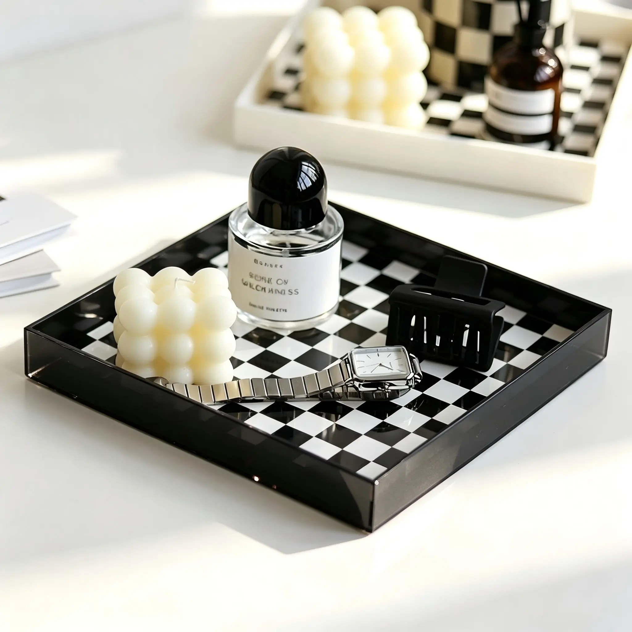 Checkerboard Acrylic Storage Tray, Square Decorative Organizer, Jewelry Cosmetics Perfume Key Holder, Bathroom Bedroom Desk Accessory