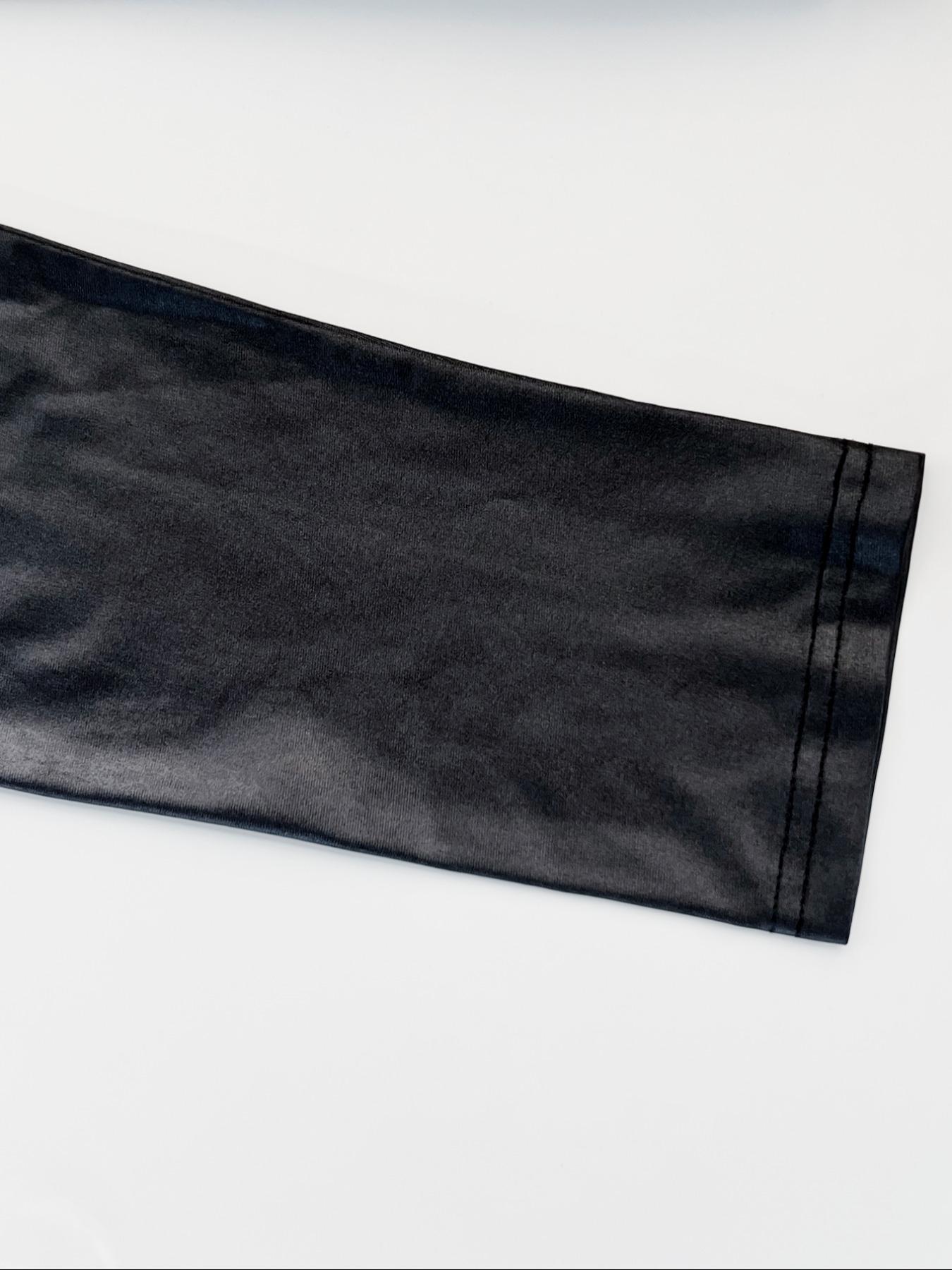 Women's Split-Hem Coated-Leather Ruched Dress, Mock Neck Long Sleeve Slim Fit Black Dress for Festivals and All-Season Wear, Chic