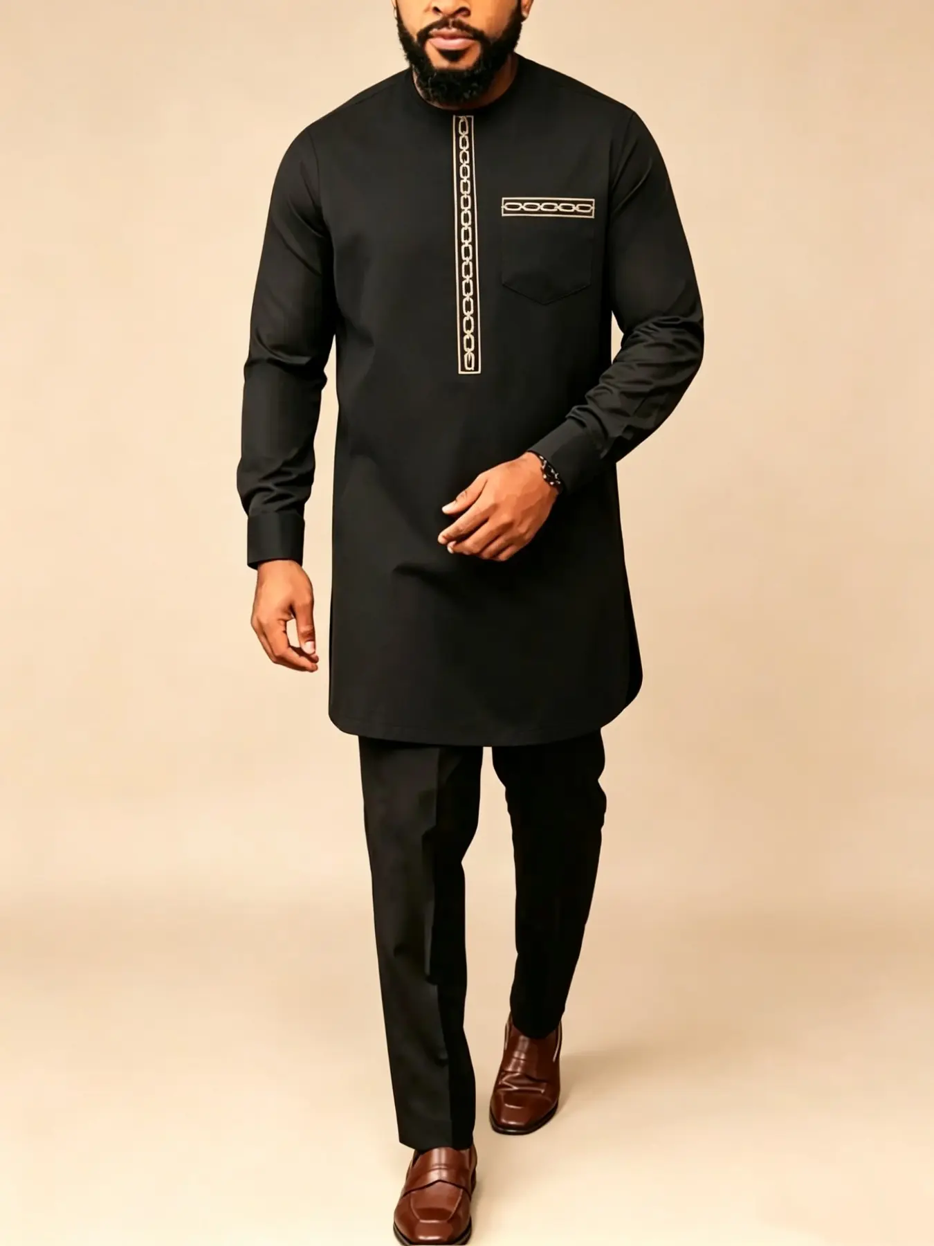 Men's Kaftan Set, African Style Long Sleeve Embroidered Round Neck Shirt and Casual Pants, Traditional Muslim Festival Wedding Outfits