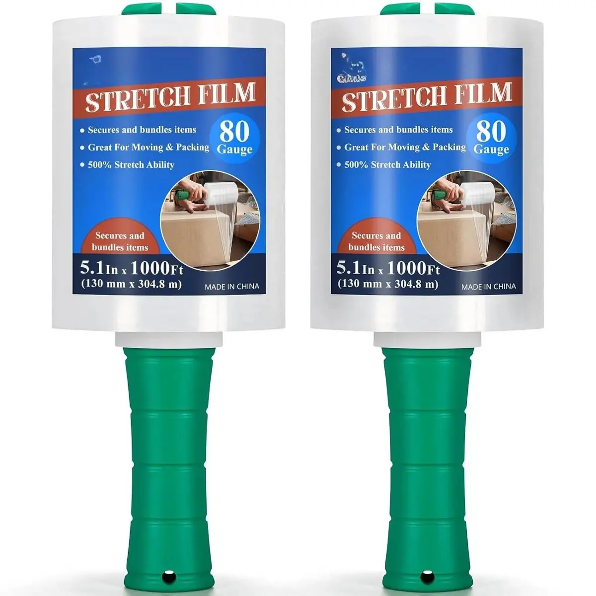 Mini Clear Stretch Wrap Film 5.1" x 1000ft 2 Pack 80 Gauge Heavy Duty | Industrial grade self-adhering wrap for moving, packaging and pallet bundling, tear resistant easy to operate