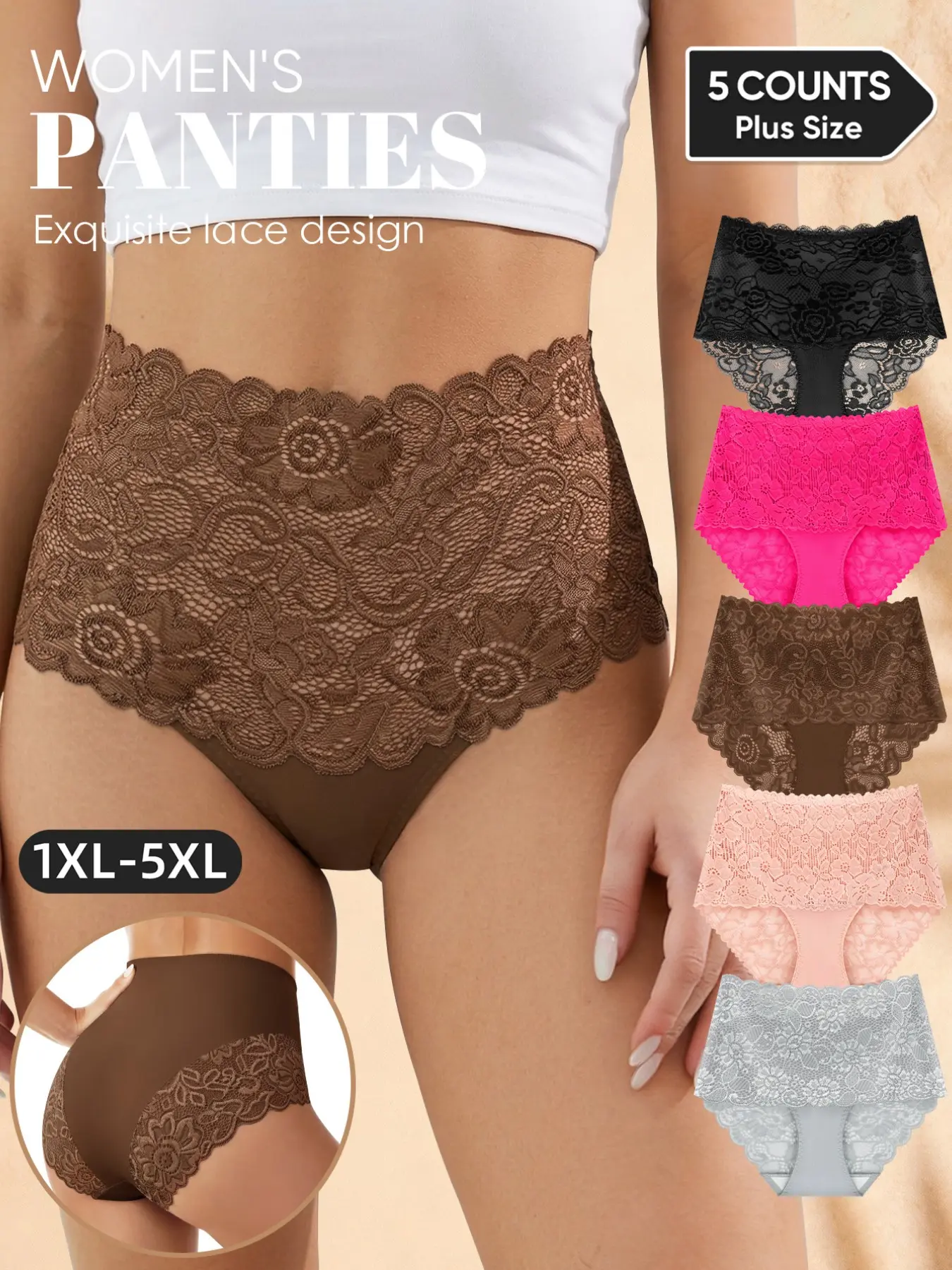 5-Pack Plus Size Floral Lace Women's Underwear, 1xl-5xl, Full Coverage High Elastic Breathable Seamless Casual Triangle Panties, All Seasons