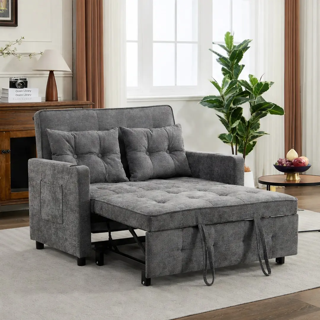 ARCH 3-in-1 Convertible Sleeper Chair Bed Pull Out Chair Bed with USB Ports Side Pocket Adjustable Backrest Linen Fabric Antique Grey Single Bed Chaise Lounge for Living Room Apartment Dorm Office, Antique Grey Color Options, Linen Material