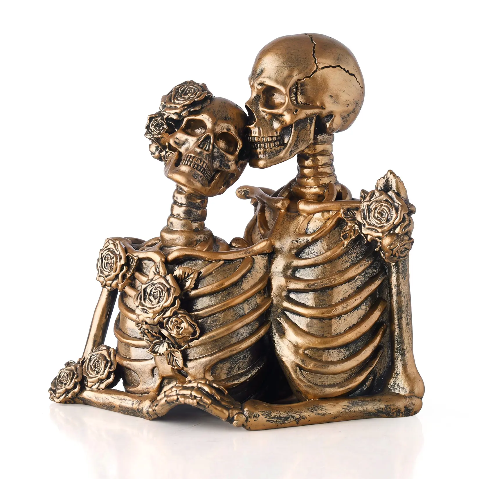 Eternal Love Skull Couple Resin Figurine - Collectible Figurines with Vivid Red Rose Detail, Hand-in-Hand Gothic Decorative Figures, Interior Ornaments for Home Tabletop, Gift for Gothic Weddings & Halloween