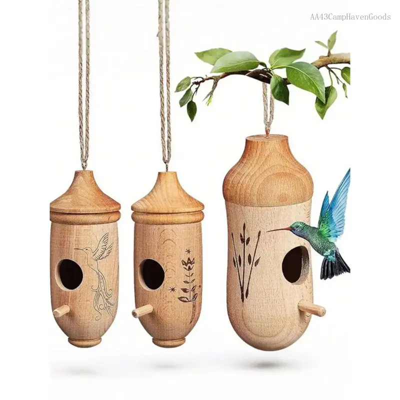 Hummingbird House Wooden Outdoor Birdhouse Hanging Hummingbird Birdhouse With Rope For Outdoor Gardening Gifts-Hummingbird HouseAA43CampHavenGoods