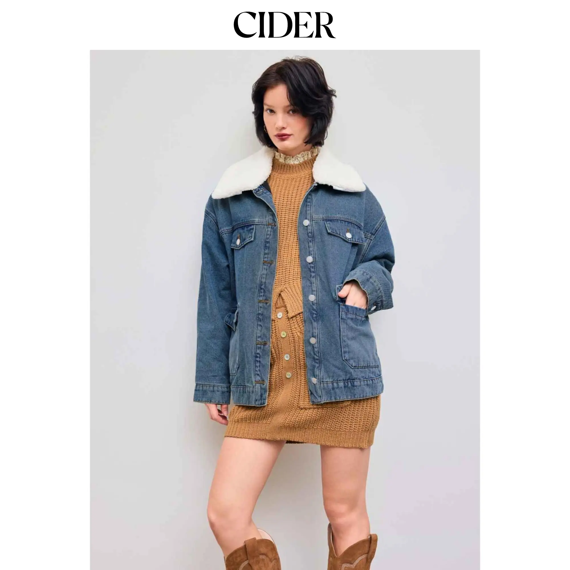 Cider [size 0-10] Denim Oversized Quilted Jacket With Faux Shearling Collar SohoChic