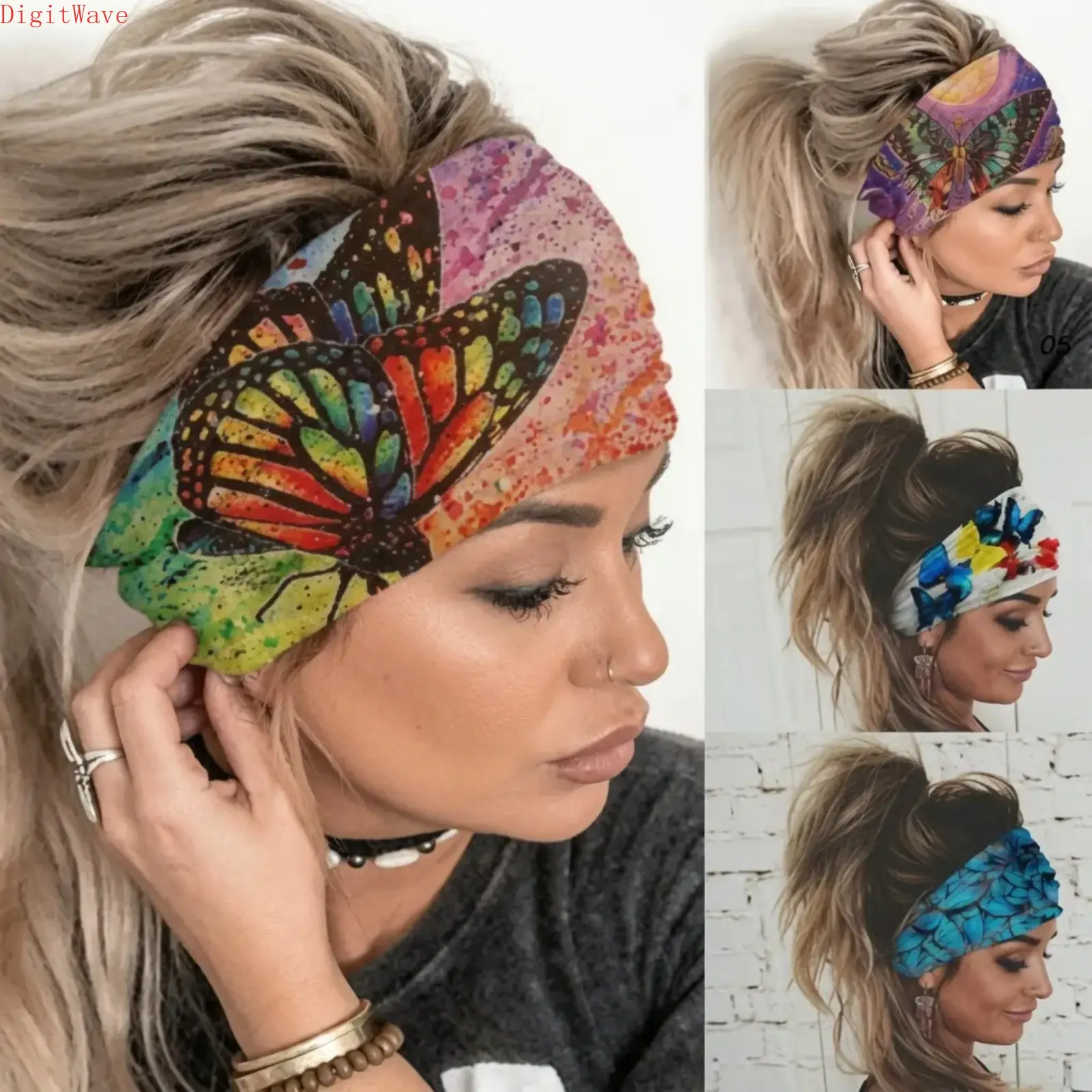 4Pcs Boho Wide Stretch Headbands for Women Butterfly Design Button Hair Wrap Breathable Turban Style Hair Scarf Elastic Fashion Hair Accessories for Yoga Running Workout Daily Wear Sport Headband Set Lightweight Comfortable Hair Wrap