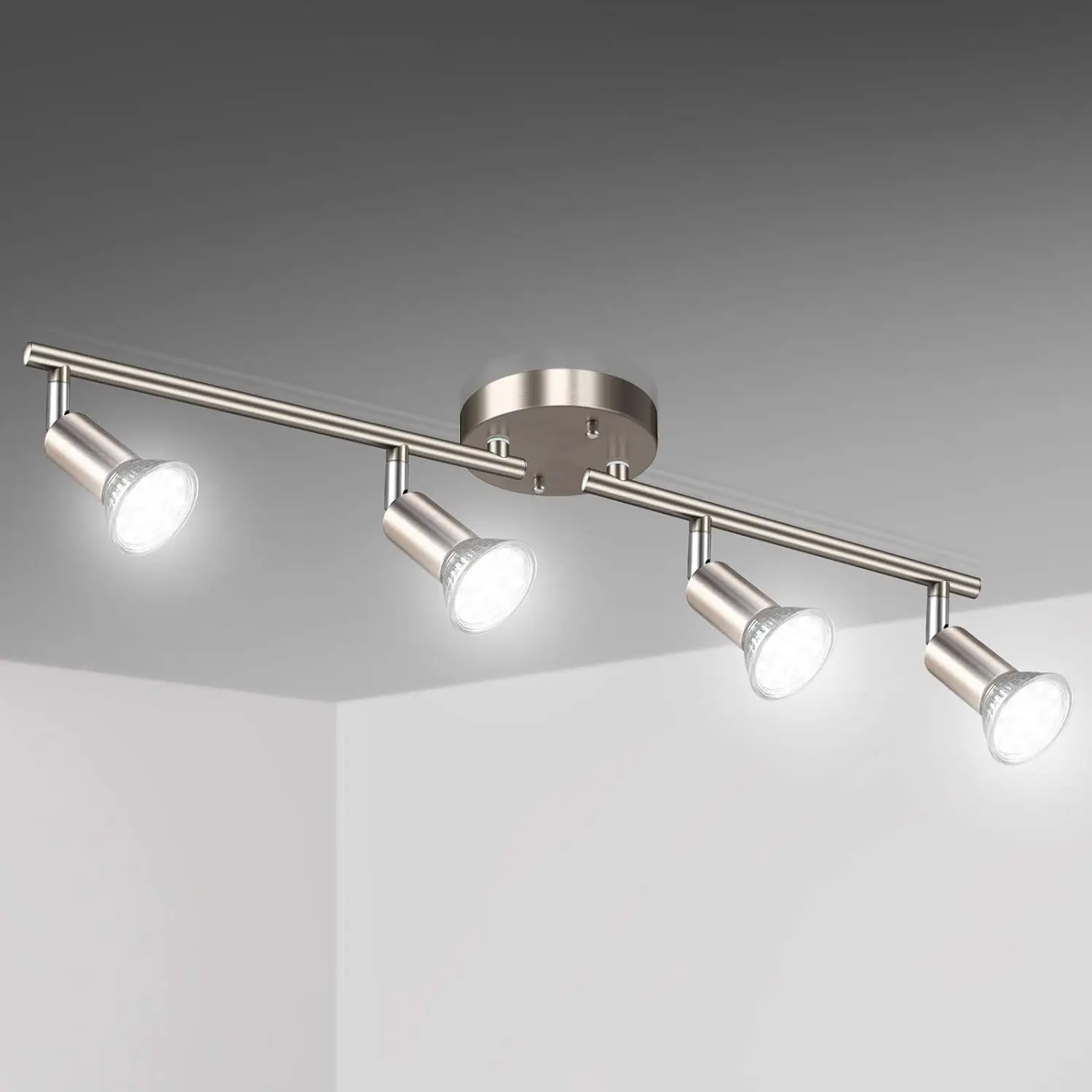 LED 4 Light Track Lighting Kit, 24.8'' Matt Nickel 4 Way Ceiling Spot Lighting, Flexibly Rotatable Head, Modern Track Light Included 4 x LED GU10 Bulb (4W, Daylight White 5000K, 400LM)