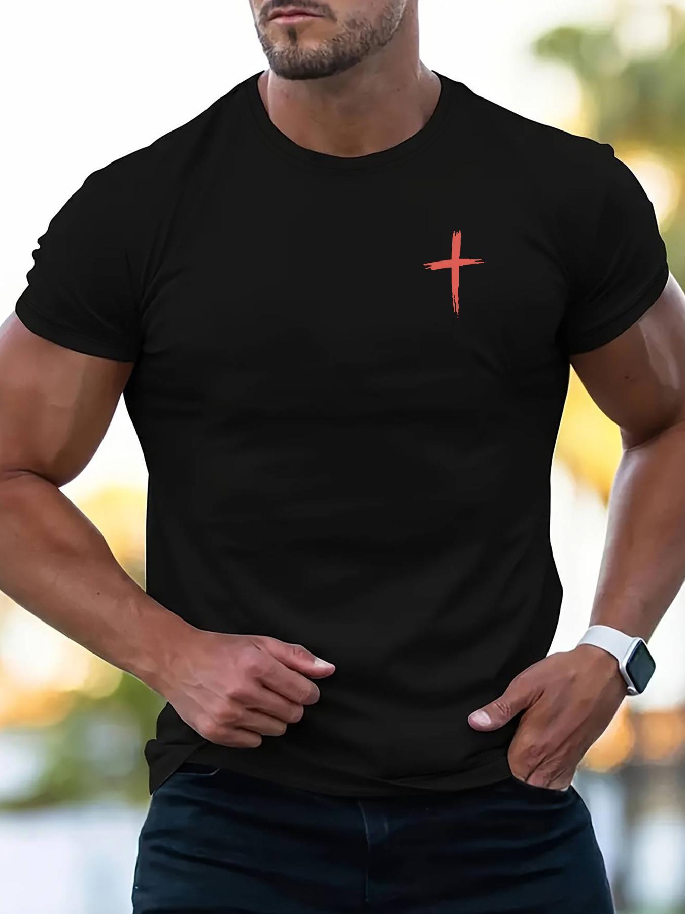 Men's Letter & Cross Print Round Neck Tee, Casual Style Tee, Regular Fit Casual Short Sleeve Crew Neck T-shirt for Summer, Men's Top for Daily Wear, Casual Comfy Streetwear